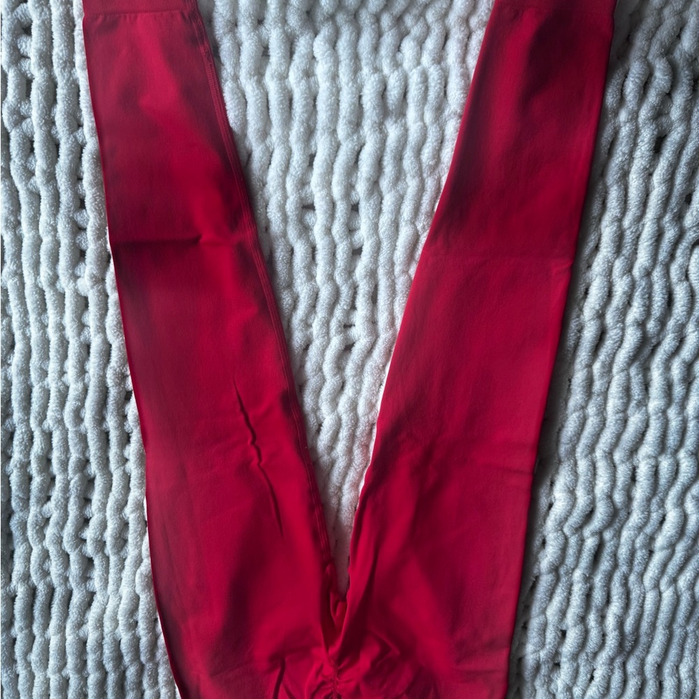 Red Leggings Solid Fabric Pants - image 3